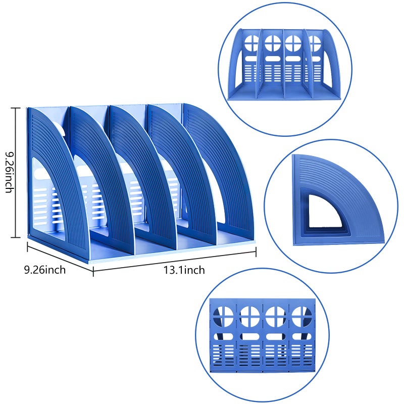 SAYEEC File Holder Storage Folder 4 Compartment Standing Desktop Hollow Organizer Blue Files Shelf Frame Thicken Plastic Paper Notebook Magazine Bookstore for Office School Supplier Students - Image 2